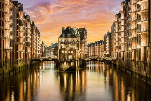 Moated castle in the Speicherstadt in Hamburg by Michael Valjak