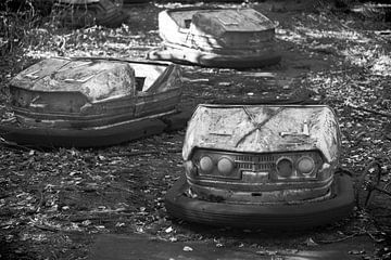 Bumper cars in black and white