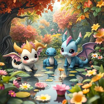 Droll dragons in enchanted forest by Linda de Klein