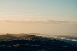 Landschap met de zee,  het strand, duinen, wolken  en vogels op Terschelling van Alex Hamstra