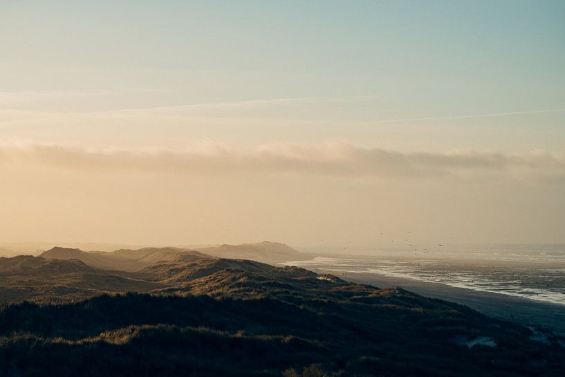 Landschaft mit dem Meer, dem Strand, den Dünen, den Wolken und den Vögeln auf Terschelling von Alex Hamstra