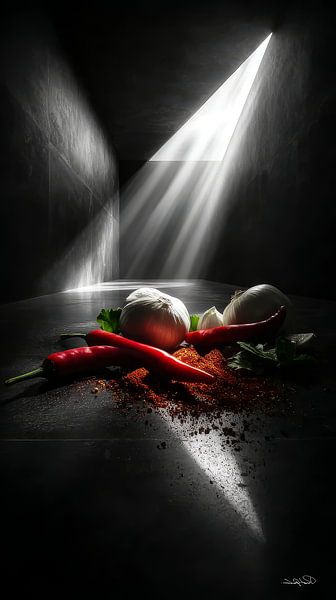 red peppers - garlic - lime - lemon on a black background with dramatic light by Gelissen Artworks