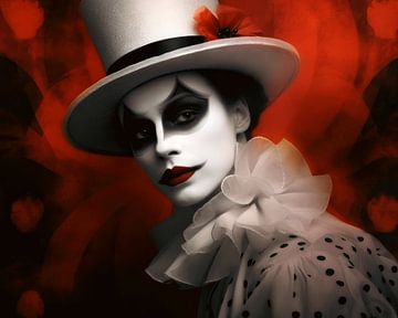 Portrait de Pierrot en rouge, noir et blanc sur Vlindertuin Art