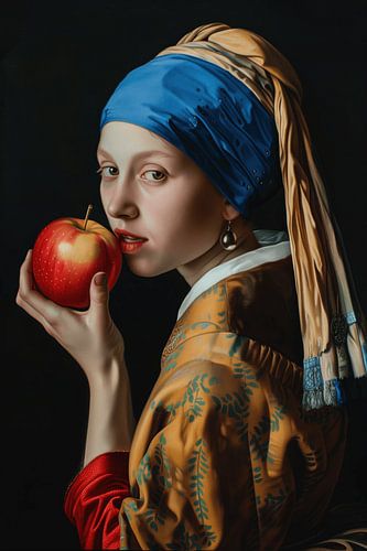 Schitterend Meisje met de parel eet een appel