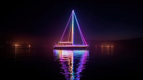 Neon zeilboot in de nacht