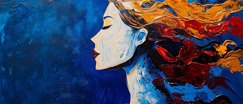 Silhouet van een vrouw met een kleurrijke zee van haar van Poster Art Shop