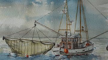 Aquarell: Fischerboot auf dem Wattenmeer von Bert Groenhagen