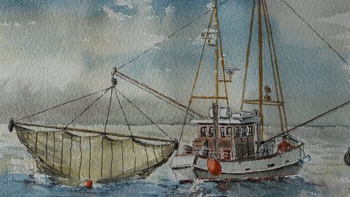 Watercolour painting of a fishing boat on the Wadden Sea