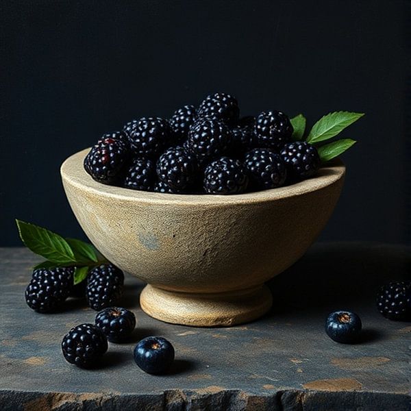 Nature morte de mûres noires dans un bol en pierre. par J.a Dijkstra