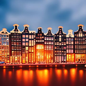 Amsterdamse pakhuizen aan de gracht in de avond van Edsard Keuning