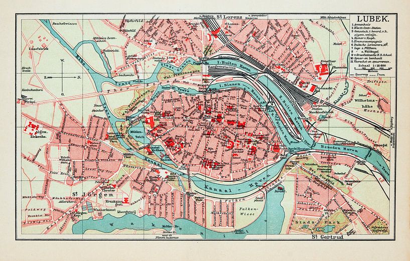 Vintage map Lübeck ca. 1900 by Studio Wunderkammer