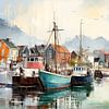 Vue du port avec des bateaux et des montagnes dans un village scandinave sur Vlindertuin-Art