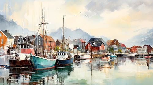 Havengezicht met boten en bergen in Scandinavisch dorp