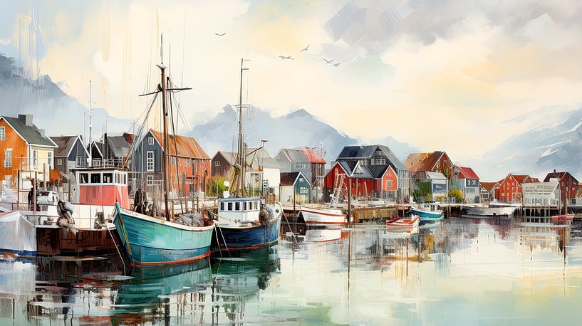 Harbour view with boats and mountains in Scandinavian village by Vlindertuin-Art