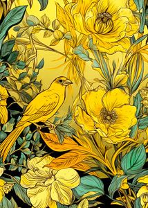 Gelbe Wiese und Vogel