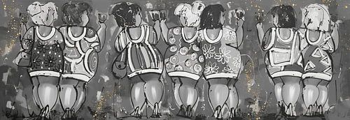 Curvy Ladies Wine | Gold Black/White by Vrolijk Schilderij