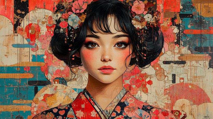 Japanse vrouw in rode kimono van Lufy