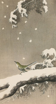 Ohara Koson - Japanse karekiet op sneeuwdennen