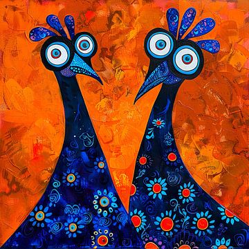 Abstrakte dekorative flippige Hühner in Königsblau und Orange von Lauri Creates