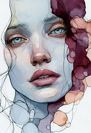 Frauenporträt mit blauen Augen und violetten Blumen von SPEQ ART