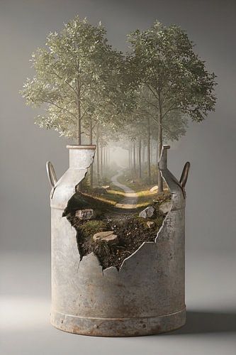 Paysage forestier dans un bidon de lait – ancien bidon de lait en métal avec forêt et sentier de randonnée
