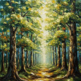 Le chemin tacheté de soleil : Une peinture à l'huile au couteau de palette texturée d'une allée forestière