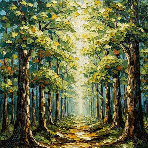 Het zonovergoten pad: Een gestructureerd paletmes olieverfschilderij van een steegje in het bos