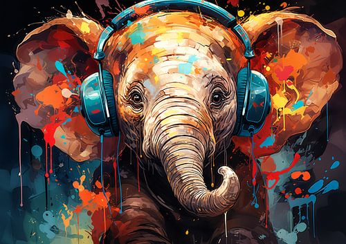 Drôle de petit éléphant qui écoute de la musique