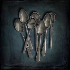 Still life of spoons on pewter background by Gerben van Buiten