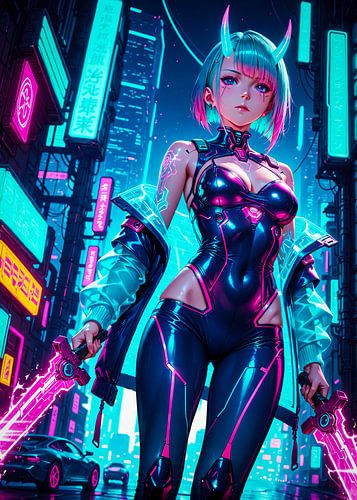 Cyberpunk Stil Oni Dämon Anime Mädchen