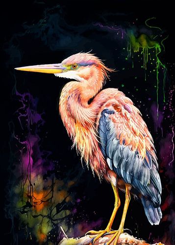 Purple Heron Neon Watercolor Art – Elegante moerasvogel Moderne wanddecoratie