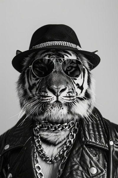 Tiger with cap and sunglasses in black and white by Poster Art Shop