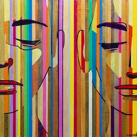 Double Gold | Abstract powerful painting in gold with women's faces in an abstract style by Anja Namink - Paintings