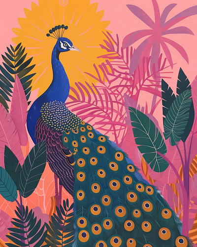 Tropischer Pfau in einem rosa botanischen Garten