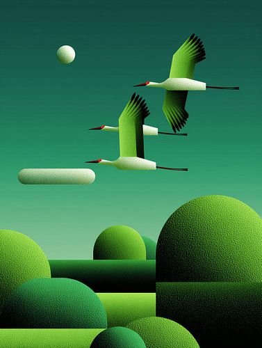 Green Flight | Kraanvogels boven Futuristisch Landschap