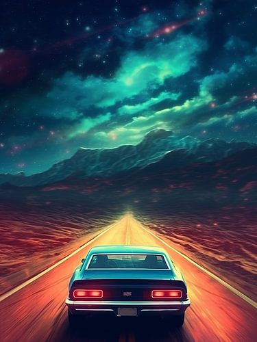 muscle car in mars met maan ruimte wereld aarde