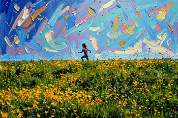 'Carefree Freedom': an abstract impressionist painting of a child in a field of flowers