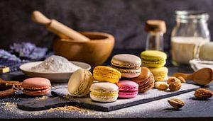 Bunte Macarons auf einem Küchentisch
