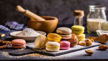 Macarons colorés sur une table de cuisine