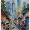 Goldene Straßenlaternen - Kuala Lumpur in Aquarellglanz von Jaladri Atelier