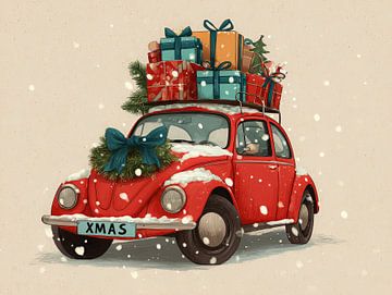Vintage kerstauto met stapel cadeaus in de sneeuw van But First Framing