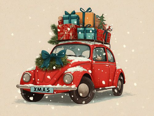 Voiture de Noël vintage avec une pile de cadeaux dans la neige