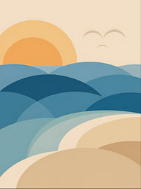 Abstrakte Wellen Illustration mit Sonnenaufgang in Blau und Beige von DesignDoodle