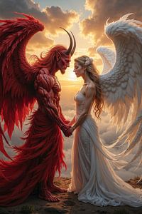 Dark Fantasy Wandbild: SERAPHYX – Ein Dämon und ein Engel verliebt bei Sonnenuntergang