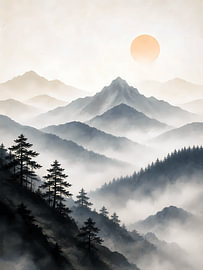 Paysage sumi-e des montagnes brumeuses