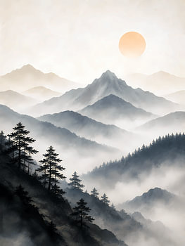 Misty Mountain Sumi-e Landscape