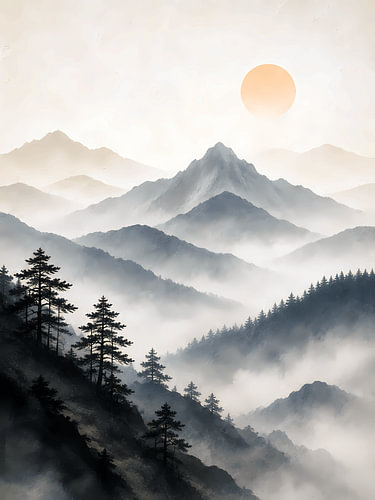Misty Mountain Sumi-e Landscape
