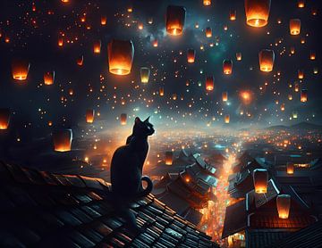 Een zwarte kat op het dak van een Thai's huis in de stad in Thailand bij nacht kijkens naar de wens ballonnen van Eye on You