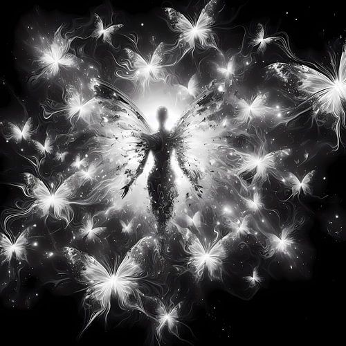 Zwart-wit kunstschilderij van de feeënkoningin - Mystieke elegantie