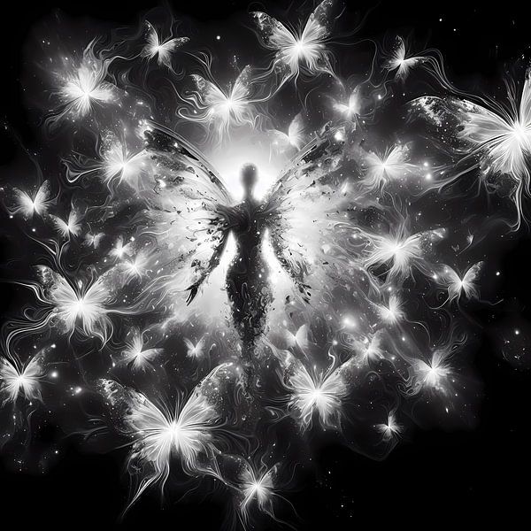 Tableau d'art noir et blanc de la reine des fées - Élégance mystique par ButterflyPix